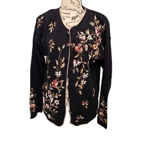 Tiara International  Womens Cardigan Sweater Black Embroidered Floral Medium